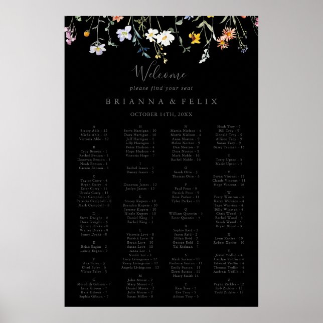 Affiche Graphique de siège alphabétique noir floral sauvag (Devant)