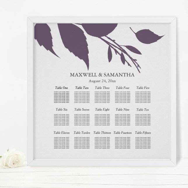 Affiche GRAPHIQUE DE SIÈGE mariage Élégant prune violet Fe (wedding seating chart fall leaves
)