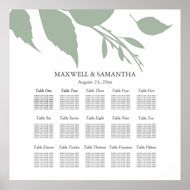 Affiche GRAPHIQUE DE SIÈGE mariage Élégant Sage Green Feui (Devant)
