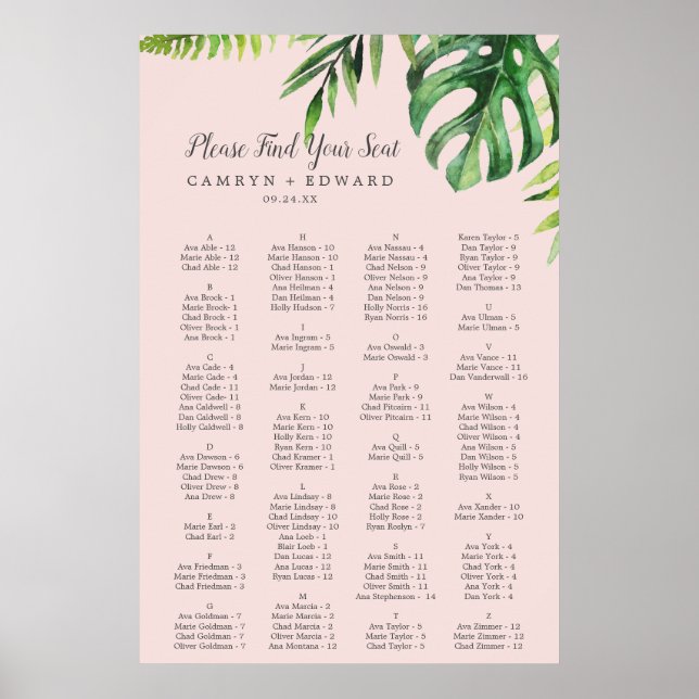 Affiche Graphique de sièges alphabétiques Blush Wild Palm (Devant)
