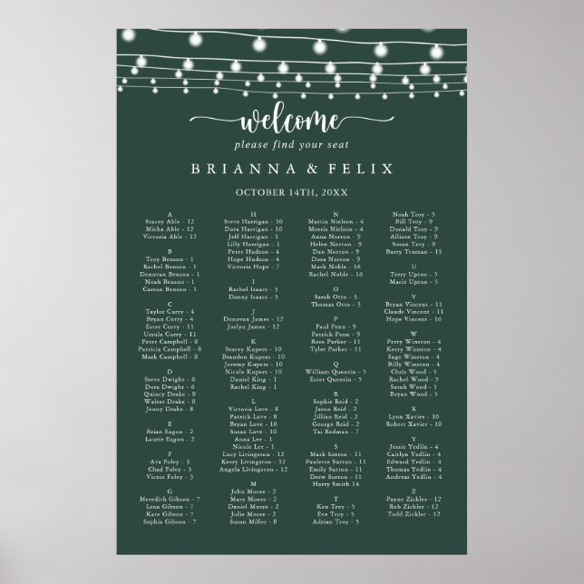 Affiche Graphique de sièges alphabétiques verts (Devant)