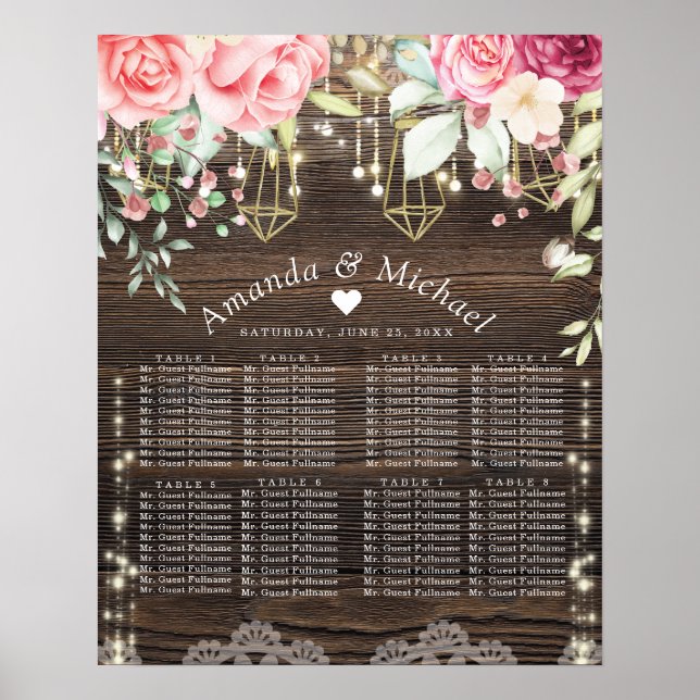 Affiche Graphique de sièges de Mariage floral rustique (Devant)