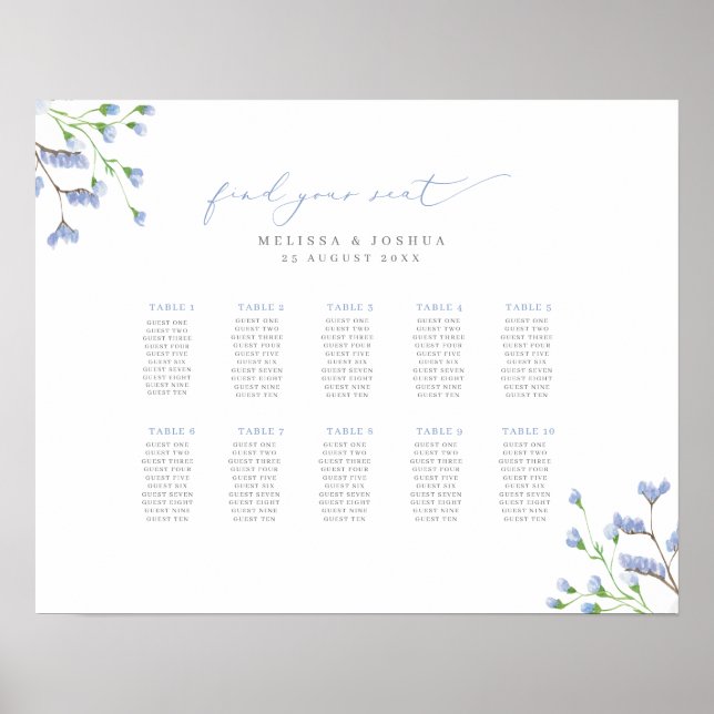 Affiche Graphique de sièges Mariage de script de fleurs bl (Devant)