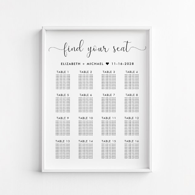 Affiche Graphique de sièges Mariage élégant de 16 tables (Créateur téléchargé)