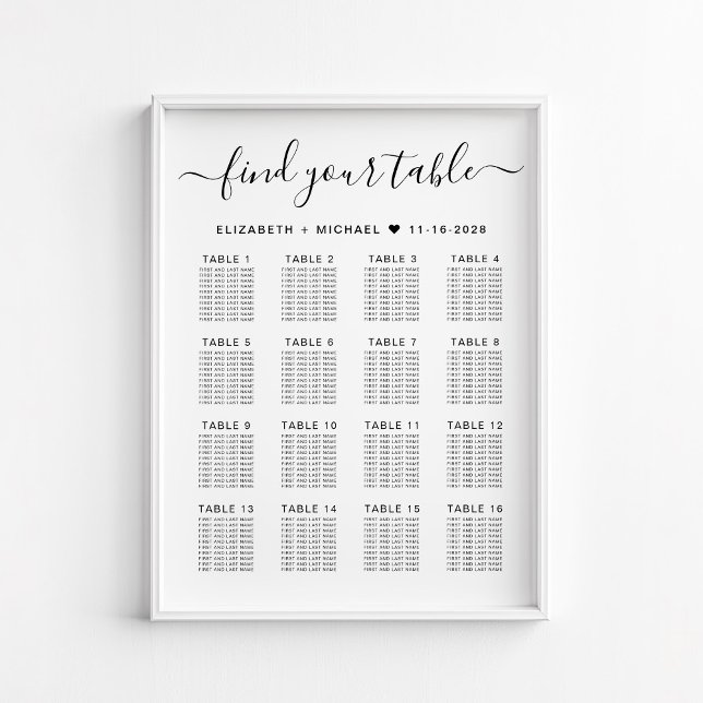 Affiche Graphique de sièges Mariage élégant de 16 tables (Créateur téléchargé)