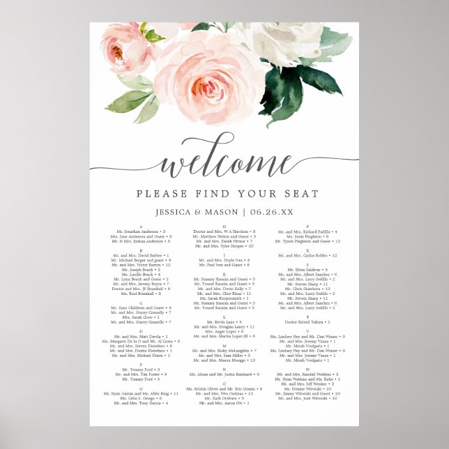Affiche Graphique de sièges Mariage en fleurs blanches 24x (Devant)