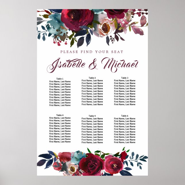 Affiche Graphique de sièges Mariages à 6 tables en fleurs  (Devant)