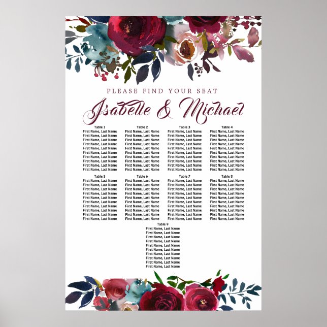 Affiche Graphique de sièges Mariages à 9 tables en fleurs  (Devant)