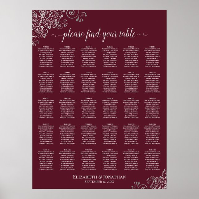 Affiche Graphique de table de mariage 30 tables Argent sur (Devant)