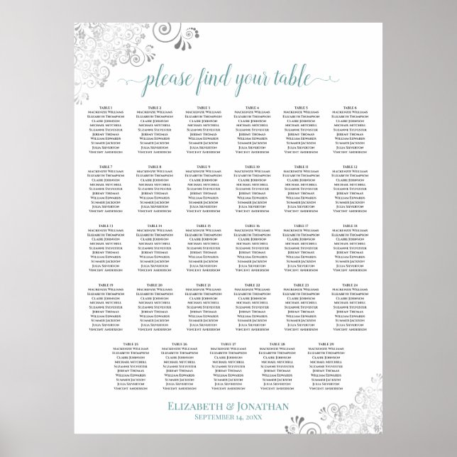 Affiche Graphique de table de mariage blanc 29 Argent & sa (Devant)