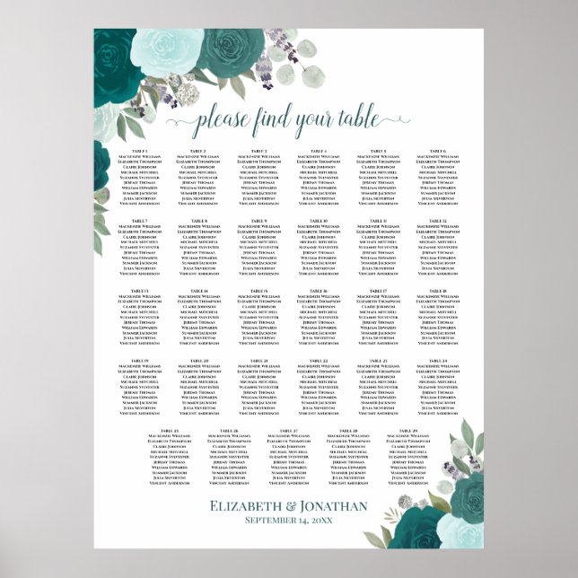 Affiche Graphique de table de mariage bohème sarcelle flor (Devant)