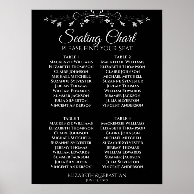 Affiche Graphique de table de mariage élégant noir 4 (Devant)