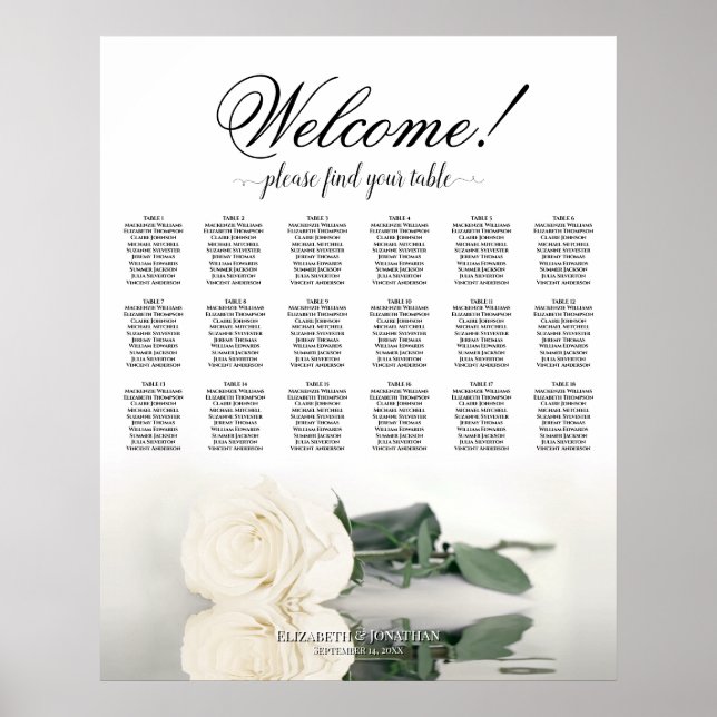 Affiche Graphique de table de mariage élégant Rose blanche (Devant)