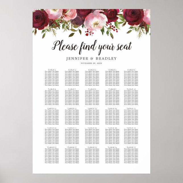 Affiche Graphique de Table de Mariage Floral Bourguignon R (Devant)