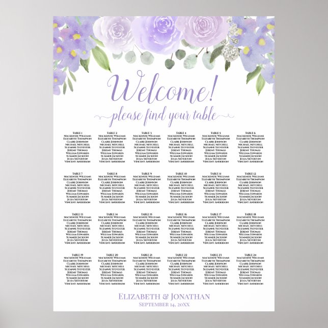 Affiche Graphique de table de mariage floral lavande 24 (Devant)