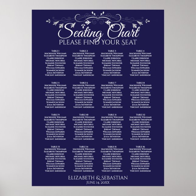 Affiche Graphique de table élégant 16 mariage bleu marine (Devant)
