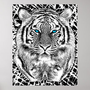 Affiche Graphique de tigre noir et blanc aux yeux bleus