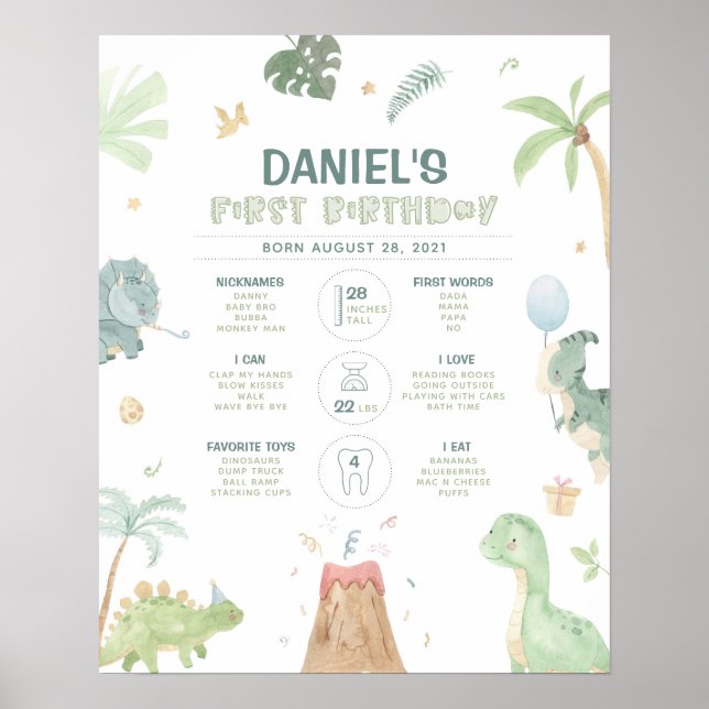 Affiche Graphique d'étape du 1er anniversaire de dinosaure (Devant)