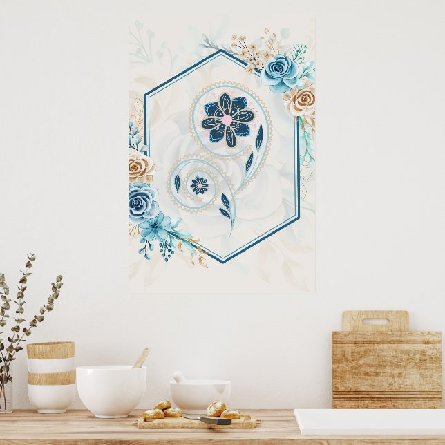 Affiche Graphique floral bleu et Turquoise, "Revitalisant  (Cuisine)