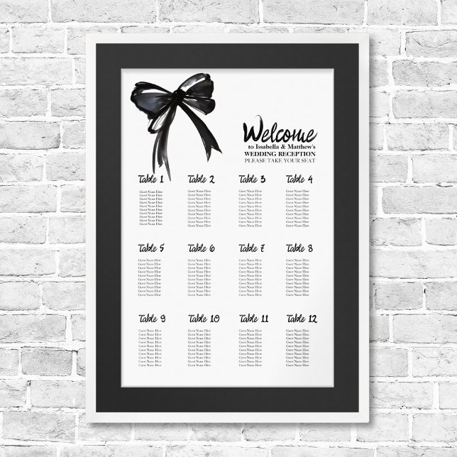 Affiche Graphique Mariage chic à la mode noir blanc Bow (Trendy Black and White Bow Chic Wedding Seating Chart Plan Template watercolor elegant simple script)