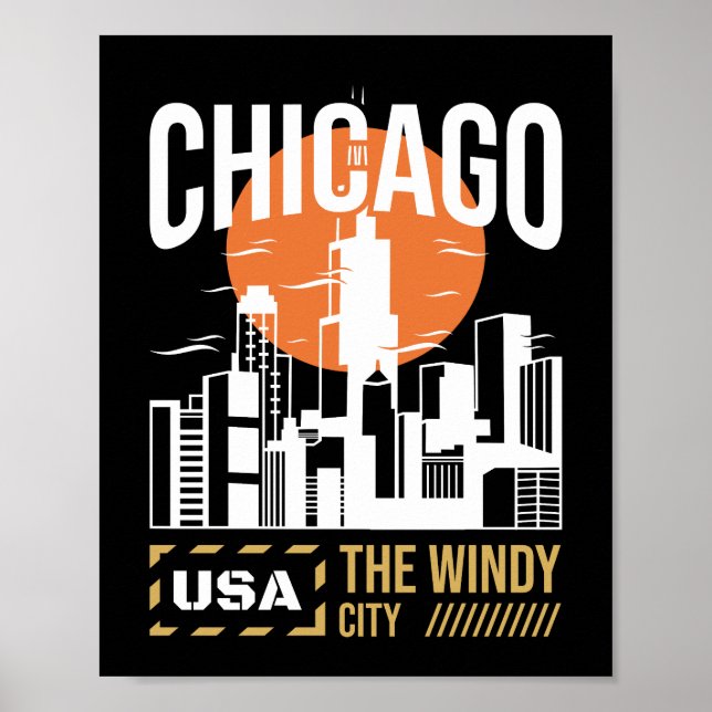 Affiche Graphisme de la skyline de Chicago États-Unis | Co (Devant)