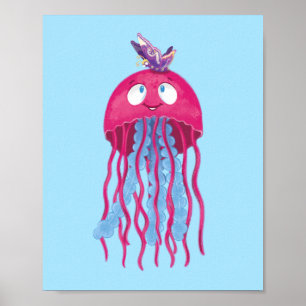 Affiche Graphisme de personnage de cartoon de méduse rose
