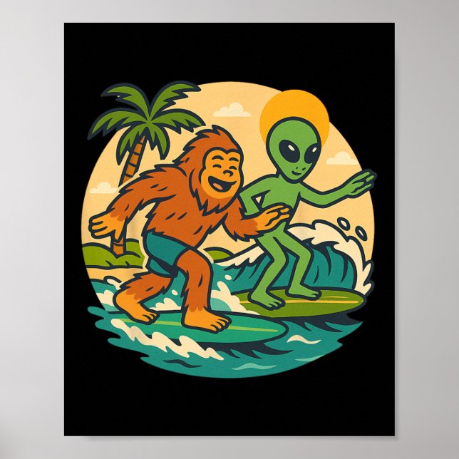 Affiche Graphisme de plage de Bigfoot et d'alien faisant d (Devant)