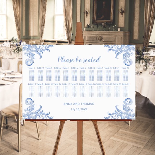 Affiche Graphisme de plan de table à motif floral aquarell (Soft royal blue flourish seating chart.)