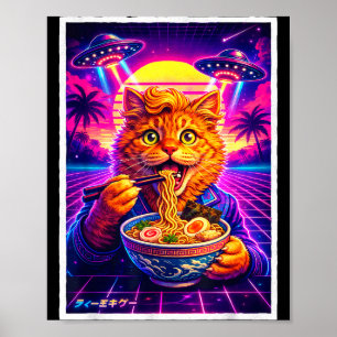 Affiche Graphisme rétro synthwave 80s mème de chat ramen U