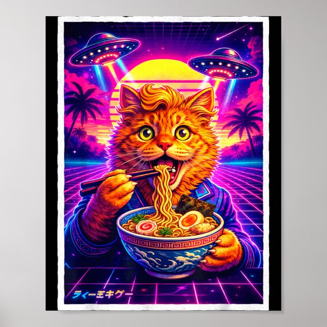 Affiche Graphisme rétro synthwave 80s mème de chat ramen U (Devant)