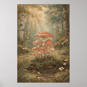 Affiche Grappe de champignons dans une forêt de bouleaux e