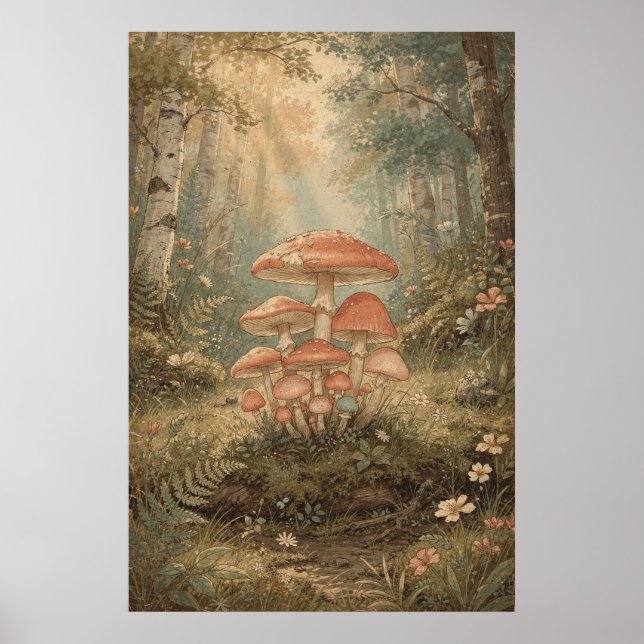 Affiche Grappe de champignons dans une forêt de bouleaux e (Devant)