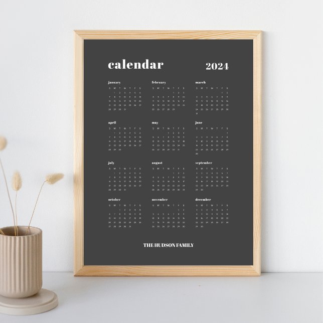 Affiche Gras simple | Calendrier 2024 gris foncé et blanc (Créateur téléchargé)