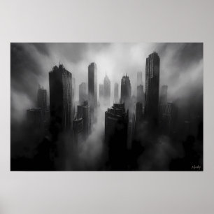 Affiche Grasyscrapers majestueux engloutis dans un brouill