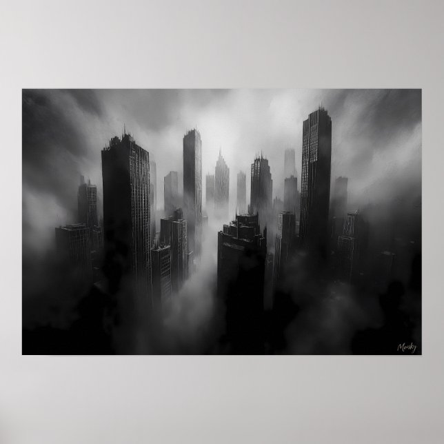 Affiche Grasyscrapers majestueux engloutis dans un brouill (Devant)