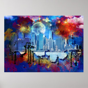 Affiche gratte-ciel de NYC graffiti lune SlipperyJoe's bât