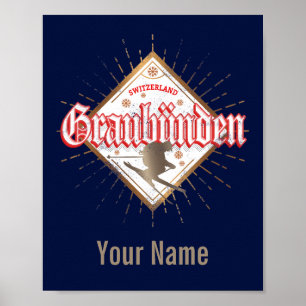 Affiche Graubünden Suisse skieur rétro vintage