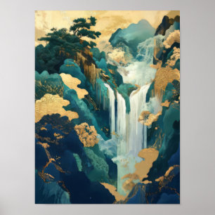 Affiche Gravure de Cascade Japonaise Estampe Vintage Hokus