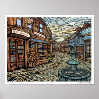 AFFICHE GRAVURE SUR BOIS D'UNE RUE EUROPÉENNE