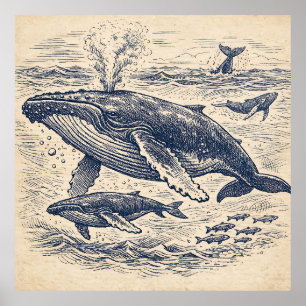Affiche Gravure vintage de groupe de baleines à bosse