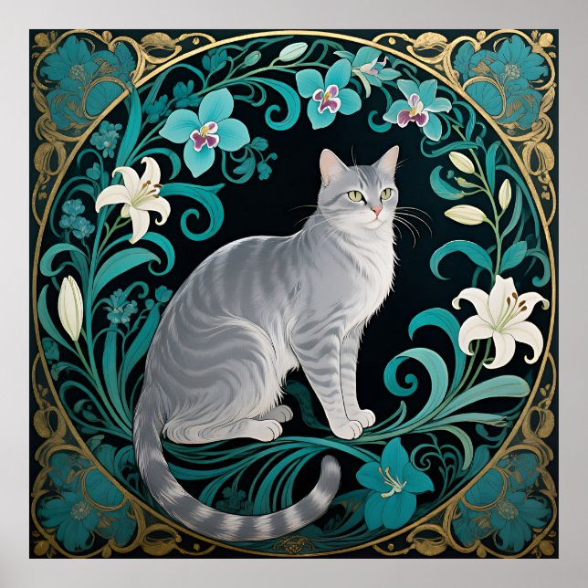 Affiche Gray Cat Ornate Floral Frame (Devant)