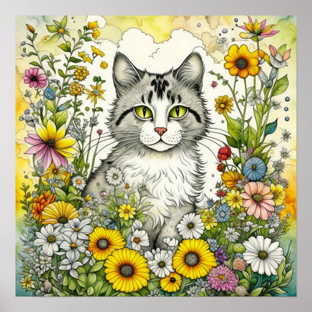 Affiche Gray Kitty Chat assis en Fleurs (Devant)