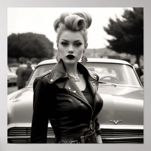 Affiche Greaser Punk Girl devant une voiture Vintage