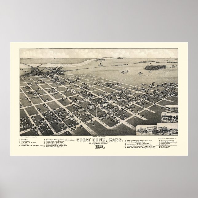 Affiche Great Bend, KS Carte panoramique - 1882 (Devant)