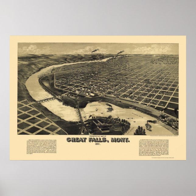 Affiche Great Falls, MT Panoramic Map - 1891 (Devant)