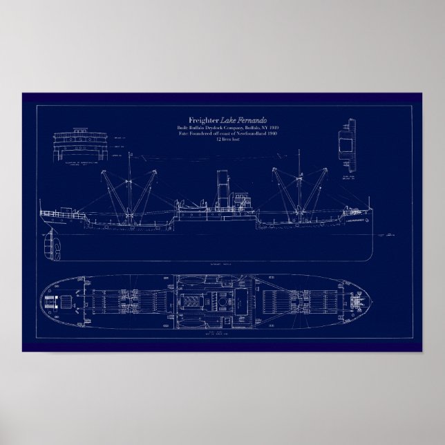 Affiche Great Lakes Freighter Lake Fernando Blueprint (Devant)