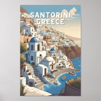 Affiche Grec Santorin île grecque vinatte Voyage bleu