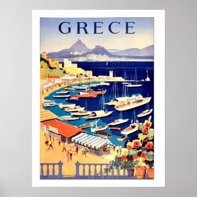 Affiche Grèce, bateaux de pêche sur une petite marine (Devant)