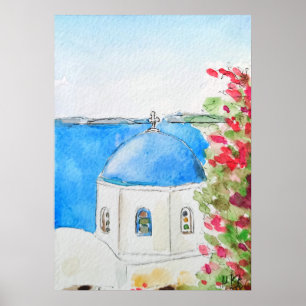 Affiche Grèce bleu église encre et aquarelle