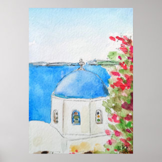 Affiche Grèce bleu église encre et aquarelle
